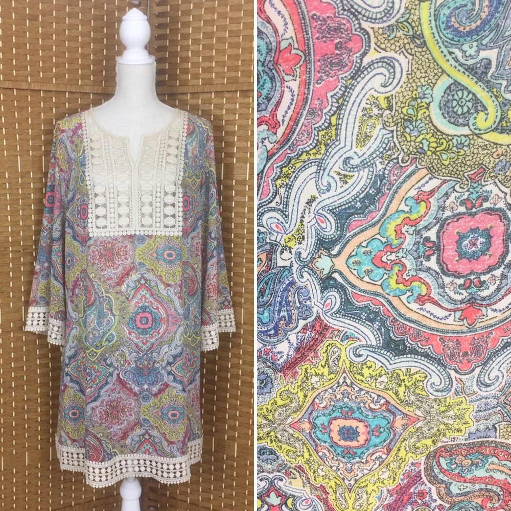 Knox Rose Crochet Trim Paisley Tunic Sz L NWT